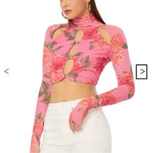 AFRM Maui Mesh Cutout Crop Turtleneck Top in Pink Bouquet Size XL